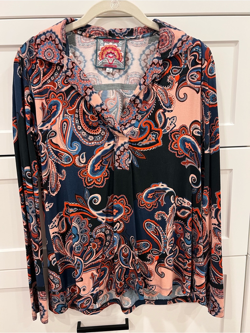 Johnny Was Paisley V-Neck Long-Sleeve Top in Pink & Navy